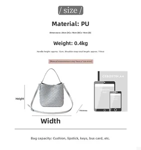 Size comparison and dimensions of silver woven bucket bag with A4 paper and iPad