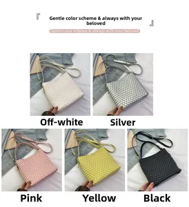 Detail of woven bucket bags in five colors: Off-white, Silver, Pink, Yellow, and Black