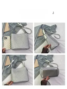 Detailed multi-angle views of silver woven leather bucket bag with braided texture