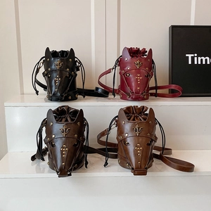 Retro horse head bucket bag in four colors with rivet details and crossbody strap