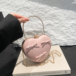 Heart Shaped PU Leather Evening Clutch Bag With Bows Metal Handle And Chain Strap Sweet Elegant Crossbody Bag For Women