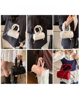 Collage of quilted heart pattern cylinder bags with ruched handles and side bow details