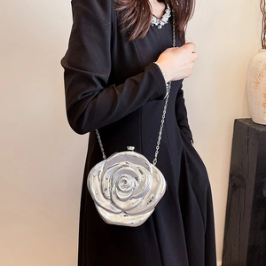 Chic silver 3D rose flower clutch bag with metallic chain strap and layered petals