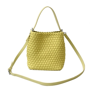 Lemon yellow woven bucket bag with top handle and adjustable strap for women