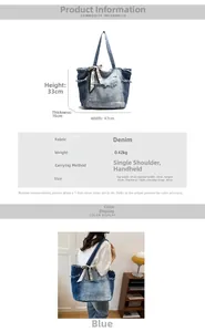 Detailed view of vintage washed denim tote bag with frayed edges and logo scarf detail
