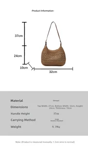 Detail view of woven shoulder bag showing hollow mesh texture and size specifications