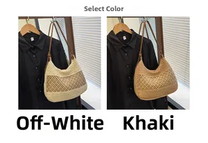 Detail showing handwoven crochet tote bags in cream and khaki with brown leather straps