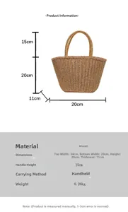 Size chart showing straw handbag dimensions with upper width 34cm and height 20cm