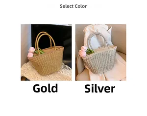 Detailed comparison of metallic gold and silver woven straw tote bags with dual handles