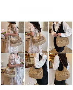 Detail of woven tote bag with hollow grid pattern and premium brown leather straps