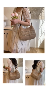 Detail view of woven straw shoulder bag featuring hollow texture and brown leather strap