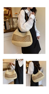 Detail of hollow woven beige straw bag with brown leather strap for summer vacation