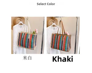 Close-up of colorful striped woven tote bags in beige and khaki handle variants