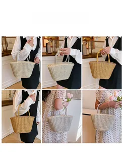 Detailed views of handmade woven straw handbags in silver and gold in a cafe setting