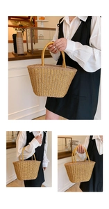 Detailed close-up showing the fine straw weave texture and round handles of this beach tote