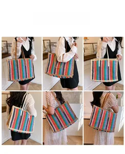 Collage of model wearing a multi-color striped hand-woven tote bag with leather straps