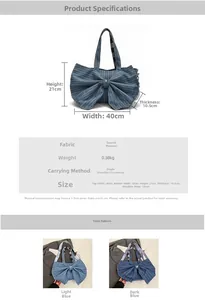 Detail of denim shoulder bag with oversized bow design in light and dark blue wash