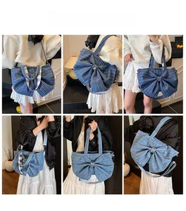 Detailed views of creative blue striped denim bow bag with multiple carrying styles