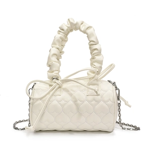 White heart quilted cylindrical handbag with ruffled handle and silver chain strap