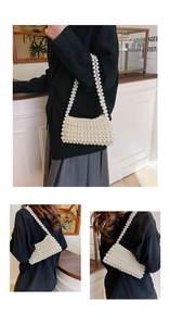 Detailed view of handmade pearl woven square handbag with elegant beaded strap and zip closure