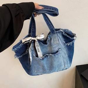 Retro Denim Tote Bag For Women Frayed Edge Large Capacity Patchwork Shoulder Handbag With Decorative Scarf Casual Style