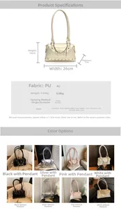 Detailed view of fashionable rivet tote bag in four colors with pearl pendant details