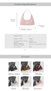 Detail specifications of a large hobo shoulder bag with studs and 6 available colors