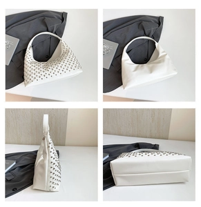 Detailed views showing silver studs on white hobo shoulder bag from multiple angles