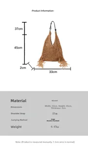 Detailed size chart for brown hollow woven tote bag with fringe and leather strap
