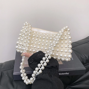 Women Hand-Woven Artificial Pearl Beaded Bag Elegant Underarm Shoulder Handbag French Retro Zipper Small Square Purse For Party