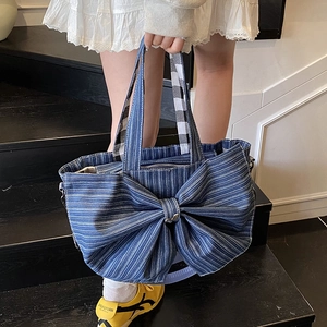 Women Denim Tote Bag Large Bowknot Decor Striped Texture Butterfly Charm Single Shoulder Crossbody Handbag For Daily Commuting