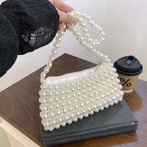 Elegant handmade pearl woven small square bag for women with ivory white beaded shoulder strap