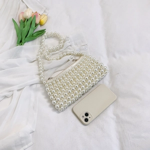 Handmade pearl beaded mini square bag with metal zipper and elegant pearl shoulder strap