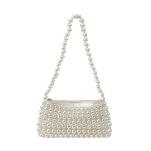 Elegant handmade beaded pearl shoulder bag with silver zipper for women fashion