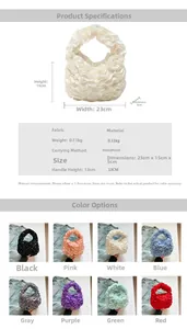 Detailed size specifications and eight color options for ruffled pleated handbags