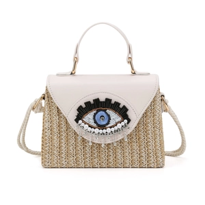 Handgewebte Stroh-Box-Tasche in Beige mit Perlen-Augenmotiv und Fransen-Details