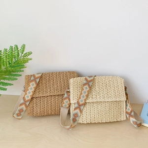 Summer woven crossbody straw bags in brown and beige with bohemian geometric straps