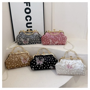 Pochettes en velours avec perles, broderies papillon et bandoulières chaînes en cinq couleurs