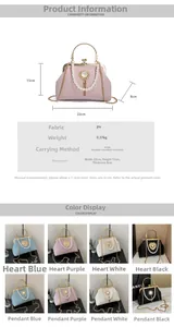 Detailed spec chart of pearl chain evening bag with multi-color selection and size info