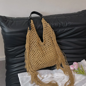 Bohemian Hand Woven Cotton Mesh Tote Bag With Long Fringe Tassel Leather Strap Summer Vacation Large Capacity