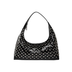 Punk style black patent leather underarm bucket bag with silver metal rivets decoration