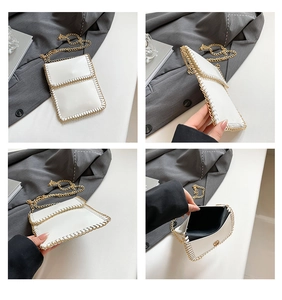 Detailed views of a white PU leather phone bag featuring gold chain woven edges and strap