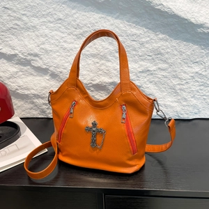 Women Handbag Vintage Gothic Punk Style Litchi Grain PU Leather Shoulder Tote Bag With Metal Cross Pendant For Daily Use
