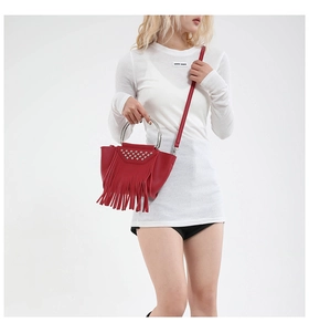 Detailed view of red fringe bag featuring silver rivets and metallic handle