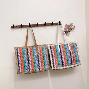 Handmade rainbow straw woven tote bag with PU straps for summer beach or commute