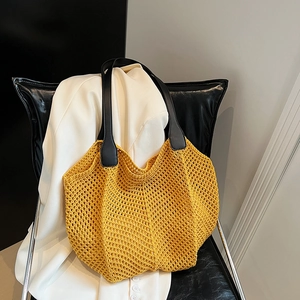 Hollow Out Knit Tote Bag PU Leather Straps Large Capacity Casual Vacation Women Shoulder Bag Contrast Color Handmade
