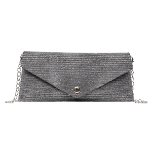 Minimalist silver woven envelope clutch bag with metal chain strap and round buckle