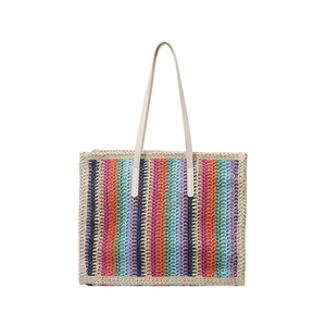 Rainbow striped woven tote bag with slim shoulder straps and vibrant summer knit textures