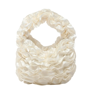 Elegant cream ruffled lace handbag with satin pleated design for weddings and evening galas