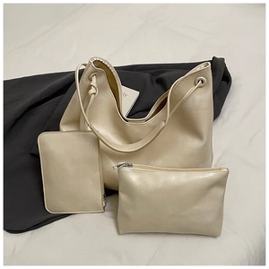 Three-piece beige PU leather tote set including shoulder bag and inner pouches